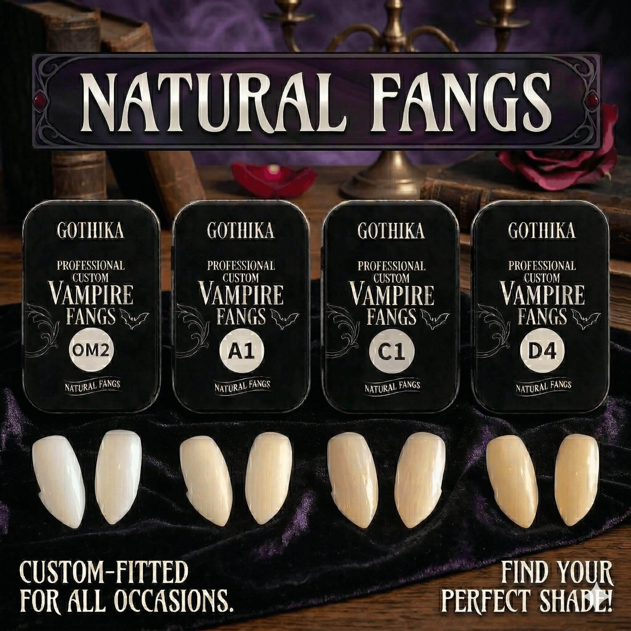 Official Gothika® Classic Natural Vampire Fangs packaging featuring 4 VITA dental shades.
